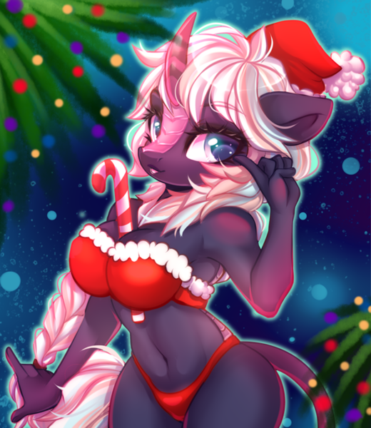 Size: 700x808 | Tagged: adorasexy, anthro, anthro oc, artist:cabbage-arts, between breasts, big breasts, bra, braid, breasts, busty oc, candy, candy cane, christmas, clothes, commission, costume, cute, derpibooru import, female, food, hat, holiday, kirin, kirin oc, looking at you, oc, panties, pose, red underwear, santa costume, santa hat, sexy, sexy santa costume, solo, solo female, suggestive, underwear, unofficial characters only, ych result