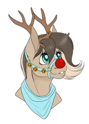 Size: 3109x4321 | Tagged: safe, artist:caff, derpibooru import, oc, unofficial characters only, deer, horse, pony, reindeer, bells, bridle, bust, christmas, commission, female, head shot, heart eyes, holiday, mare, red nose, tack, wingding eyes