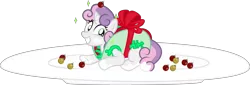 Size: 8802x3000 | Tagged: safe, artist:sollace, derpibooru import, sweetie belle, pony, unicorn, bow, christmas, female, filly, foal, food, holiday, icing sugar, looking at you, ornaments, plate, pun, simple background, smiling, solo, taco, taco belle, transparent background, vector