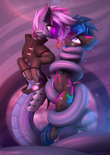 Size: 2507x3541 | Tagged: suggestive, artist:justafallingstar, derpibooru import, oc, oc:covil serpe, oc:vibrant star, cyber pony, cyborg, earth pony, lamia, original species, pony, snake, snake pony, augmented, belly button, belt, clothes, coiling, coils, collar, cyberpunk, error, female, femboy, glitch, glowing tattoos, hypnosis, male, piercing, scales, socks, tongue out