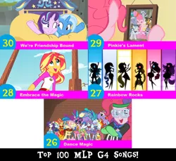Size: 1704x1560 | Tagged: safe, artist:don2602, derpibooru import, edit, edited screencap, screencap, applejack, cloudy quartz, fluttershy, igneous rock pie, lemon zest, limestone pie, marble pie, maud pie, pinkie pie, rainbow dash, rarity, sour sweet, starlight glimmer, sugarcoat, sunny flare, sunset shimmer, trixie, twilight sparkle, earth pony, pony, unicorn, dance magic, equestria girls, legend of everfree, pinkie pride, rainbow rocks, road to friendship, spoiler:eqg specials, caravan, clothes, dance magic (song), embrace the magic, eyes closed, female, filly, filly limestone pie, filly marble pie, filly maud pie, filly pinkie pie, graffiti, hat, inflatable, looking at each other, looking up, multiple characters, picture frame, pinkie's lament, ponied up, raft, rainbow rocks song, raised hoof, silhouette, top 100 mlp g4 songs, we're friendship bound, younger