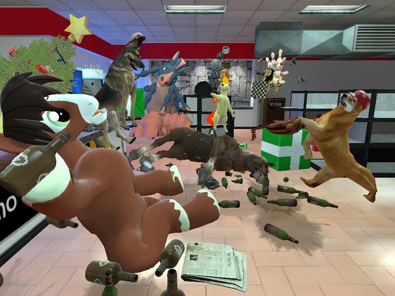 Size: 1024x768 | Tagged: 3d, alcohol, artist:horsesplease, bottle, christmas, christmas tree, derpibooru import, dog, doge, dogmeat, drunk, drunken shoes, epona, generic epona, generic giddyup, giddyup buttercup, gmod, holiday, horse, mudsdale, oc, oc:sir benjamin, pokémon, ponyta, safe, the legend of zelda, tree, trouble shoes