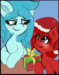 Size: 1114x1397 | Tagged: safe, artist:freefraq, derpibooru import, oc, oc:cherry slime, oc:shiny slime, goo, goo pony, original species, christmas, cute, female, floating heart, hat, heart, heterochromia, holiday, mother and child, mother and daughter, present, santa hat