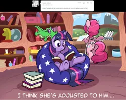 Size: 1280x1014 | Tagged: safe, artist:pippy, derpibooru import, gummy, pinkie pie, twilight sparkle, pony, pinkiepieskitchen, apron, balloonbutt, bipedal, book, butt, clothes, couch, dish, golden oaks library, underhoof