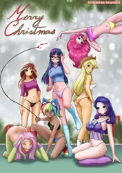 Size: 2894x4093 | Tagged: suggestive, artist:rambon7, derpibooru import, applejack, fluttershy, pinkie pie, rainbow dash, rarity, sci-twi, sunset shimmer, twilight sparkle, twilight sparkle (alicorn), alicorn, human, equestria girls, applebutt, applejack's hat, armpits, ass, bandeau, bedroom eyes, belly button, black underwear, blue underwear, blushing, bottomless, breasts, busty rarity, butt, buttcrack, candy, candy cane, choker, christmas, clothes, cowboy hat, erect nipples, face down ass up, flutterbutt, food, glasses, hat, holiday, humane five, humane seven, humane six, humanized, i can't believe it's not sci-twi, kotobukiya rainbow dash, lidded eyes, lingerarity, lingerie, looking at you, looking back, looking back at you, looking down, looking down at you, looking over shoulder, merry christmas, nipple outline, no panties, orange underwear, panties, pants, pants down, partial nudity, patreon, pinkie being pinkie, pinkie physics, purple underwear, ribbon, side knot underwear, sideboob, slumber party, socks, sugar cane, thighs, twilight's professional glasses, underboob, underwear, yellow underwear