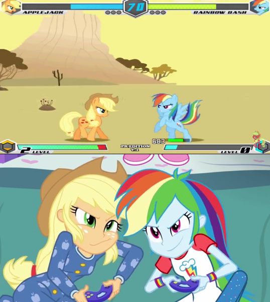 Size: 1269x1414 | Tagged: safe, derpibooru import, edit, applejack, rainbow dash, earth pony, pegasus, pony, fighting is magic, equestria girls, rainbow rocks, clothes, controller, fight, friends, joystick, pajamas, video game