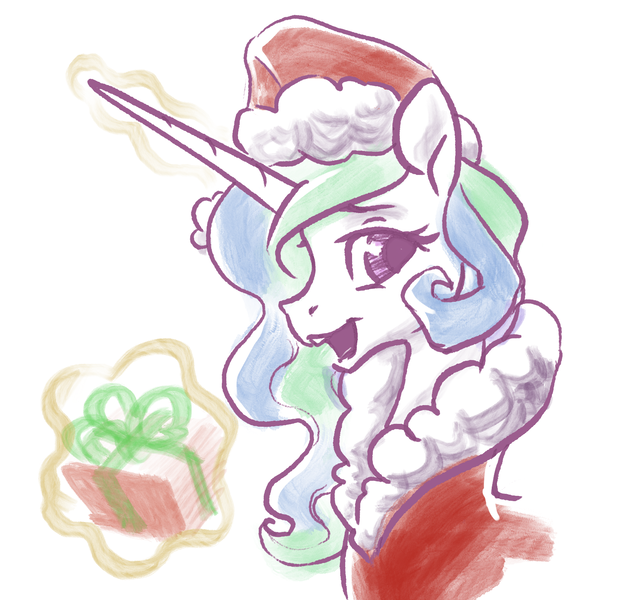 Size: 1538x1475 | Tagged: safe, artist:nadnerbd, derpibooru import, princess celestia, alicorn, pony, christmas, clothes, costume, female, hat, holiday, levitation, looking at you, magic, mare, santa costume, santa hat, simple background, smiling, solo, telekinesis, white background