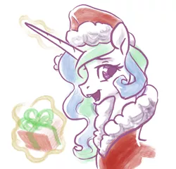 Size: 1538x1475 | Tagged: safe, artist:nadnerbd, derpibooru import, princess celestia, alicorn, pony, christmas, clothes, costume, female, hat, holiday, levitation, looking at you, magic, mare, santa costume, santa hat, simple background, smiling, solo, telekinesis, white background