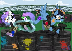 Size: 2400x1700 | Tagged: safe, artist:jagga-chan, derpibooru import, oc, oc:amethyst radius, oc:blues, unofficial characters only, pegasus, pony, unicorn, female, magic, male, mare, paintball, stallion