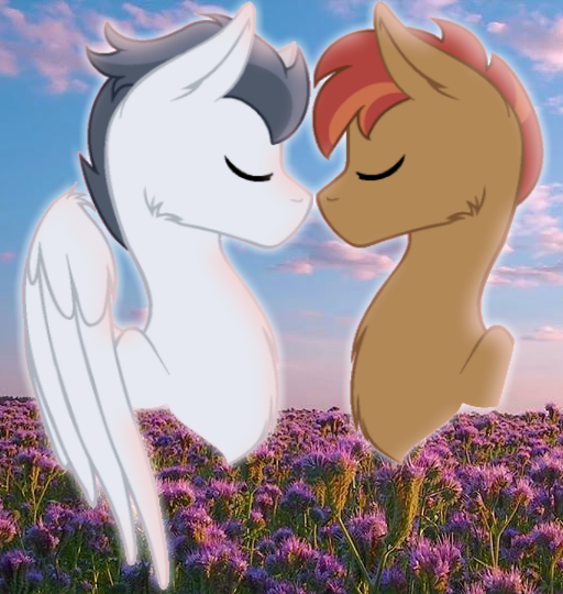 Size: 512x540 | Tagged: safe, artist:adamsadopts, artist:doodleponyxx, derpibooru import, button mash, rumble, earth pony, pegasus, pony, base used, boop, eyes closed, field, flower, gay, male, noseboop, older, older button mash, older rumble, rumblemash, shipping, sky, stallion