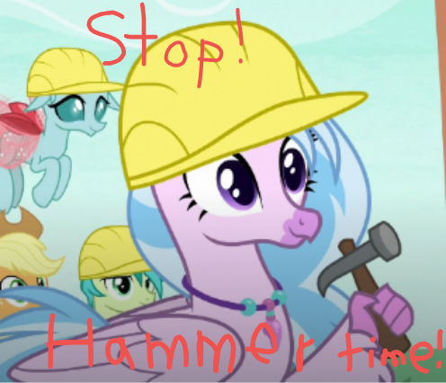 Size: 496x426 | Tagged: safe, derpibooru import, applejack, ocellus, sandbar, silverstream, changeling, earth pony, hippogriff, pony, non-compete clause, 1000 hours in ms paint, hammer, hard hat, mc hammer, smiling, song reference, u can't touch this