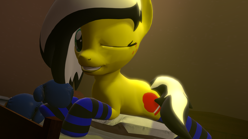Size: 1920x1080 | Tagged: safe, artist:marianokun, derpibooru import, oc, oc:uppercute, unofficial characters only, earth pony, pony, 3d, bed, bedroom, bedroom eyes, blue, boxing gloves, clothes, cute, pillow, socks, solo, source filmmaker, striped socks