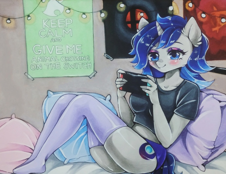 Size: 2789x2146 | Tagged: safe, artist:manekoart, derpibooru import, oc, oc:moonlit silver, unofficial characters only, anthro, unicorn, anthro oc, bed, blushing, clothes, female, nintendo switch, pillow, shirt, socks, solo, stockings, string lights, thigh highs