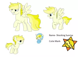 Size: 1108x810 | Tagged: safe, artist:dudleybrittany1399, artist:selenaede, derpibooru import, oc, oc:shocking sunrise, unofficial characters only, pegasus, pony, icey-verse, baby, baby pony, base used, colt, female, flying, grin, magical lesbian spawn, male, mare, offspring, open mouth, parent:misty fly, parent:surprise, parents:mistyprise, raised hoof, raised leg, reference sheet, rule 63, simple background, smiling, solo, stallion, white background