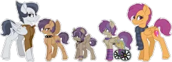 Size: 1024x372 | Tagged: safe, artist:king-justin, derpibooru import, rumble, scootaloo, clothes, family, female, male, offspring, parent:rumble, parent:scootaloo, parents:rumbloo, rumbloo, scarf, shipping, simple background, socks, straight, striped socks, transparent background