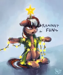 Size: 949x1122 | Tagged: safe, artist:nemo2d, derpibooru import, oc, oc:roulette, unofficial characters only, earth pony, pony, fallout equestria, christmas, christmas lights, christmas tree, clothes, female, hearth's warming eve, holiday, jacket, mare, sigh, simple background, tree, unamused