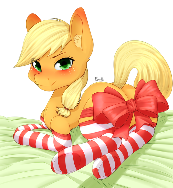 Size: 2250x2447 | Tagged: suggestive, artist:shadikbitardik, derpibooru import, applejack, pony, ass, blushing, butt, christmas, clothes, cute, holiday, looking at you, present, ribbon, socks, solo, stockings, striped socks, thigh highs