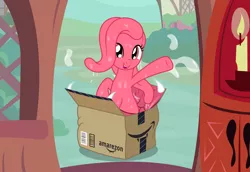 Size: 3300x2272 | Tagged: safe, artist:badumsquish, derpibooru import, oc, oc:amy zon, unofficial characters only, mimic, mimic pony, monster pony, original species, amazon.com, ambush, box, cave, dark, delivery, doorway, drool, fangs, female, golden oaks library, grin, implied twilight sparkle, open mouth, seems legit, smiling, solo