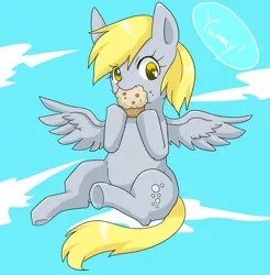 Size: 796x810 | Tagged: safe, artist:135sky, derpibooru import, derpy hooves, pegasus, pony, blushing, cloud, cute, derpabetes, dialogue, eating, female, flying, food, mare, muffin, pixiv, sky, solo, speech bubble, spread wings, that pony sure does love muffins, wings