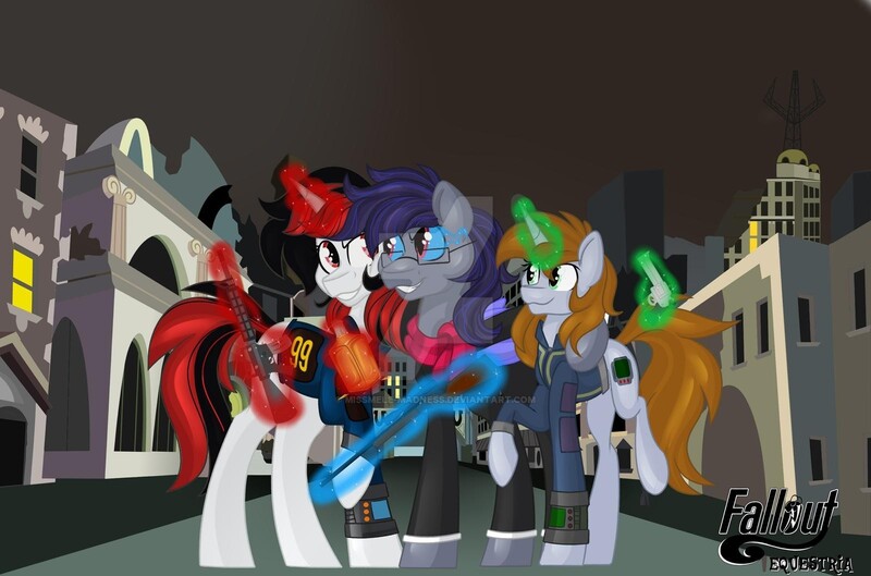 Size: 1600x1058 | Tagged: safe, artist:missmele-madness, derpibooru import, oc, oc:blackjack, oc:littlepip, pony, unicorn, fallout equestria, fallout equestria: project horizons, fanfic, assault rifle, bottle, clothes, deviantart watermark, fanfic art, female, glasses, glowing horn, grin, gun, handgun, hooves, horn, levitation, little macintosh, magic, male, mare, obtrusive watermark, optical sight, pipbuck, raised hoof, revolver, rifle, ruins, scope, smiling, sniper rifle, stallion, telekinesis, vault suit, watermark, weapon