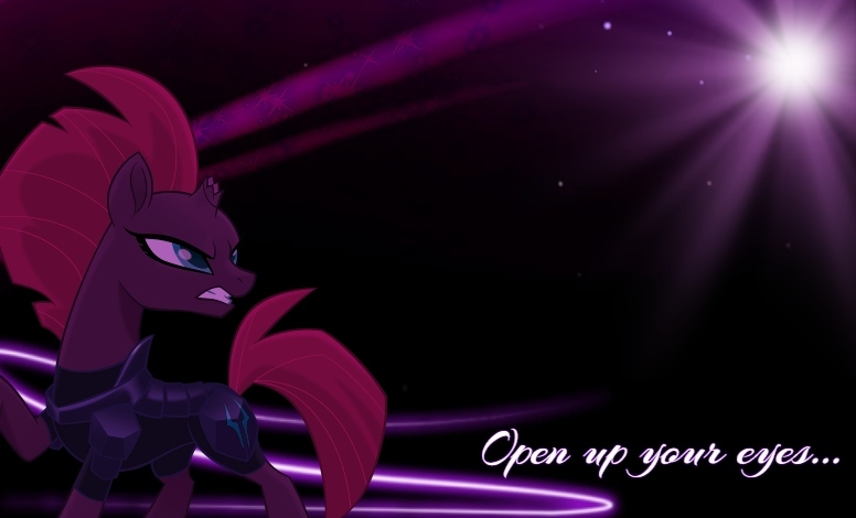 Size: 776x470 | Tagged: safe, artist:z3bradan, derpibooru import, fizzlepop berrytwist, tempest shadow, unicorn, my little pony: the movie, black background, broken horn, dark, female, horn, mare, purple, quote, simple background, solo, stars, wallpaper