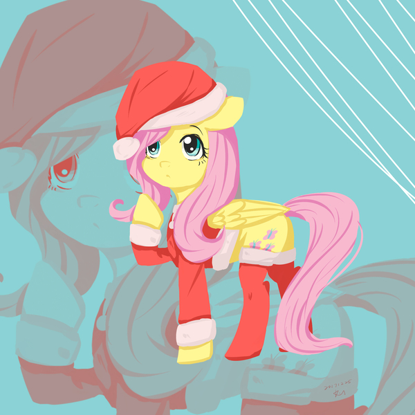 Size: 2000x2000 | Tagged: safe, artist:kill5555, derpibooru import, fluttershy, pegasus, pony, christmas, clothes, costume, cute, female, folded wings, high res, holiday, looking up, mare, pixiv, raised hoof, santa costume, shyabetes, socks, solo, standing, wings, zoom layer