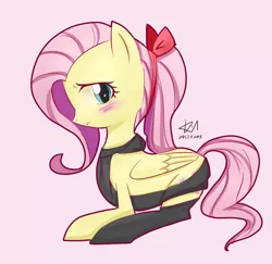 Size: 1500x1459 | Tagged: safe, artist:kill5555, derpibooru import, fluttershy, pegasus, pony, alternate hairstyle, backless, blushing, bow, clothes, cute, female, hair bow, mare, open-back sweater, pink background, pixiv, ponytail, profile, prone, shyabetes, simple background, sleeveless, sleeveless sweater, socks, solo, sweater, virgin killer sweater