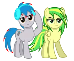 Size: 3000x2500 | Tagged: safe, artist:pizzamovies, derpibooru import, oc, oc:the living tombstone, oc:wooden toaster, unofficial characters only, earth pony, pegasus, pony, 2020 community collab, derpibooru community collaboration, dreamworks face, duo, female, headphones, lidded eyes, male, mare, musician, show accurate, simple background, stallion, transparent background