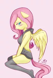 Size: 1329x1940 | Tagged: adorasexy, anthro, artist:kill5555, backless, blushing, breasts, clothes, cute, derpibooru import, floppy ears, fluttershy, open-back sweater, pink background, pixiv, plantigrade anthro, profile, sexy, shyabetes, simple background, sitting, sleeveless, sleeveless sweater, socks, solo, suggestive, sweater, virgin killer sweater