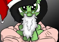 Size: 2100x1500 | Tagged: safe, artist:anon3mous1, derpibooru import, oc, oc:anonfilly, earth pony, human, pony, christmas, clothes, costume, cute, fake beard, female, filly, holding a pony, holiday, santa beard, santa costume, sitting