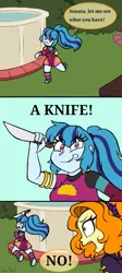Size: 609x1355 | Tagged: safe, artist:queentigrel, derpibooru import, sonata dusk, equestria girls, :3, blushing, clothes, comic, converse, cute, evil grin, grin, knife, meme, ponified meme, poolside, psycho, psychonata dusk, psychotic, running, shoes, smiling, sonatabetes, speech bubble, this will not end well, vine video, weapon