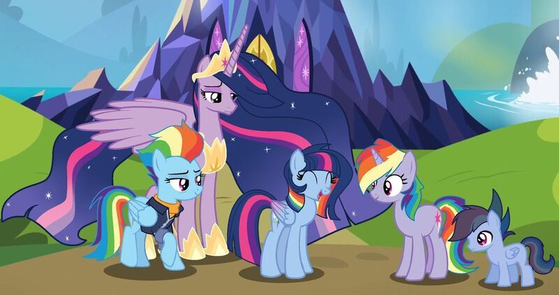 Size: 1024x540 | Tagged: safe, artist:cmors12, derpibooru import, princess twilight 2.0, rainbow dash, twilight sparkle, twilight sparkle (alicorn), oc, alicorn, pegasus, pony, unicorn, the last problem, base used, colt, family, female, filly, lesbian, magical lesbian spawn, male, offspring, older, older rainbow dash, parent:rainbow dash, parent:twilight sparkle, parents:twidash, shipping, twidash, twilight's castle