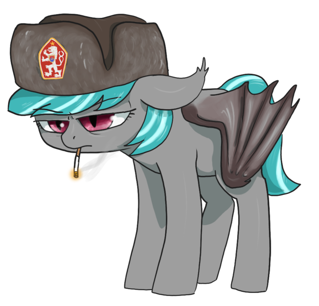 Size: 944x908 | Tagged: safe, artist:t72b, derpibooru import, oc, unofficial characters only, bat pony, pony, 2020 community collab, derpibooru community collaboration, annoyed, cigarette, coat of arms, czechoslovakia, depressed, ear fluff, female, hat, simple background, smoking, solo, soviet, transparent background, ushanka