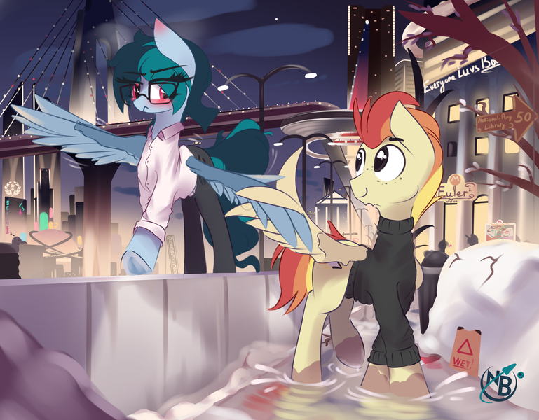 Size: 4010x3128 | Tagged: artist:nevobaster, balancing, blushing, bridge, city, clothes, derpibooru import, eye clipping through hair, female, freckles, glasses, high res, holding wings, looking at each other, male, mare, mud, night, oc, oc:delta vee, oc:jet stream, puddle, safe, scenery, shirt, sign, snow, stallion, sweater, trousers, tsundere, turtleneck, unofficial characters only, wholesome, wing hands, wings