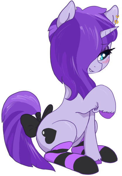 Size: 940x1356 | Tagged: safe, artist:t72b, derpibooru import, oc, oc:bottom out, unofficial characters only, pony, unicorn, 2020 community collab, derpibooru community collaboration, blushing, bow, clothes, ear piercing, earring, eyeshadow, femboy, hair over one eye, heart, jewelry, looking away, makeup, male, piercing, raised hoof, simple background, sitting, smiling, socks, solo, stallion, striped socks, tail bow, tail wrap, transparent background, trap, unshorn fetlocks