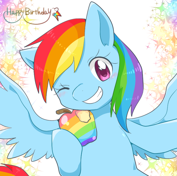 Size: 851x848 | Tagged: safe, artist:135sky, derpibooru import, rainbow dash, pegasus, pony, apple, cute, dashabetes, female, food, looking at you, mare, one eye closed, pixiv, smiling, solo, spread wings, wings, wink, zap apple