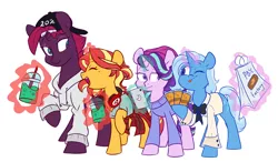 Size: 4585x2679 | Tagged: safe, artist:chub-wub, derpibooru import, starlight glimmer, sunset shimmer, tempest shadow, trixie, pony, unicorn, 20% cooler, alternate hairstyle, bag, baseball cap, beanie, bowtie, broken horn, cap, clothes, counterparts, crackers, cute, eye scar, female, flannel, food, glowing horn, hat, headphones, hoodie, horn, iphone, levitation, looking at each other, magic, mare, one eye closed, open mouth, peanut butter, peanut butter crackers, phone, raised hoof, scar, shirt, simple background, smoothie, starlight is not amused, sweater, t-shirt, telekinesis, twilight's counterparts, unamused, wall of tags, white background, wink