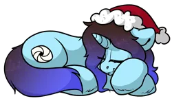 Size: 2000x1200 | Tagged: safe, artist:spoopygander, derpibooru import, oc, oc:cee, unofficial characters only, pony, unicorn, christmas, cutie mark, hat, holiday, horn, multicolored hair, outline, santa hat, secret santa, simple background, sleeping, smiling, solo, transparent background, unshorn fetlocks