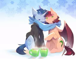 Size: 1015x787 | Tagged: artist:prettyshinegp, clothes, cuddling, cute, derpibooru import, hoodie, oc, oc:slumber tea, oc:tesseract, safe, scarf, shared clothing, shared scarf, slumberact, unofficial characters only