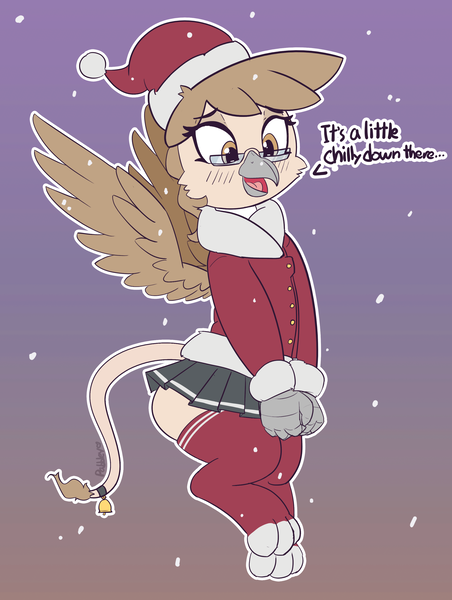 Size: 2368x3145 | Tagged: safe, artist:pabbley, derpibooru import, oc, oc:grabby, unofficial characters only, gryphon, cheek fluff, christmas, clothes, crossdressing, cute, glasses, griffon oc, hat, holiday, male, miniskirt, pleated skirt, quadrupedal, santa hat, skirt, socks, solo, thigh highs, trap, zettai ryouiki