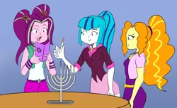 Size: 3483x2119 | Tagged: safe, artist:kazabomb, derpibooru import, adagio dazzle, aria blaze, sonata dusk, human, equestria girls, candle, hanukkah, religion, simple background, table, the dazzlings