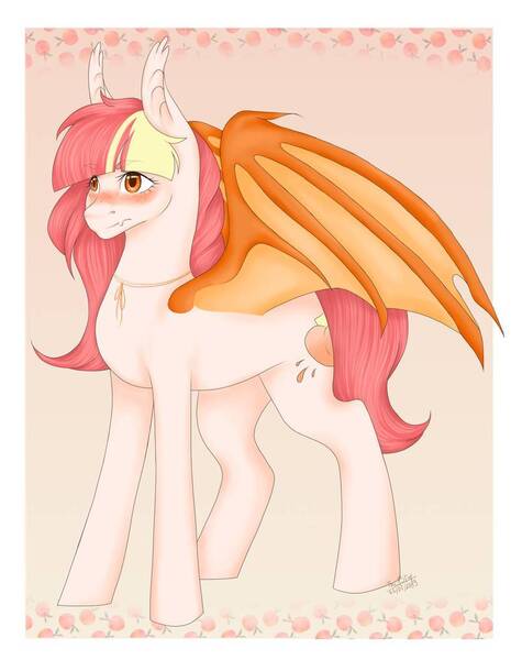 Size: 787x1015 | Tagged: safe, artist:themstap, derpibooru import, oc, oc:adostume, oc:peachy pop, bat pony, pony, :t, baka, blushing, bow, cute, peaches, solo, tsundere