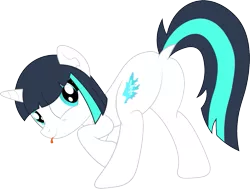 Size: 1273x962 | Tagged: safe, derpibooru import, oc, oc:dragonfire, unofficial characters only, pony, unicorn, fallout equestria, fallout equestria: child of the stars, butt, dock, fallout, fanfic art, female, looking at you, looking back, plot, present, presenting, rear view, silly, simple background, solo, tail, tongue out, transparent background