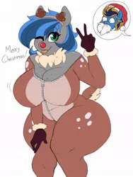 Size: 768x1024 | Tagged: suggestive, artist:littlebibbo, derpibooru import, oc, oc:bibbo, oc:blues, unofficial characters only, anthro, pegasus, animal costume, antlers, big breasts, blood, boob freckles, breasts, chest freckles, christmas, clothes, costume, female, female focus, freckles, happy, hat, holiday, huge breasts, male, mare, nosebleed, one eye closed, peace sign, red nose, reindeer antlers, reindeer costume, santa costume, santa hat, shrunken pupils, simple background, smiling, solo focus, speech bubble, stallion, tongue out, white background, wide hips