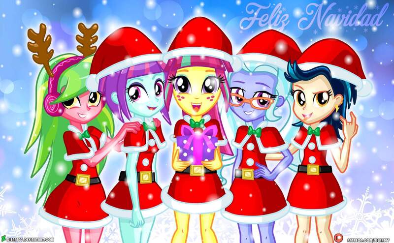 Size: 2000x1236 | Tagged: safe, artist:dieart77, derpibooru import, indigo zap, lemon zest, sour sweet, sugarcoat, sunny flare, equestria girls, adoraflare, antlers, christmas, clothes, costume, cute, deviantart logo, female, glasses, hat, headphones, holiday, looking at you, open mouth, outdoors, patreon, patreon logo, present, santa costume, santa hat, shadow five, smiling, snow, sourbetes, sugarcute, tongue out, zapabetes, zestabetes