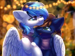 Size: 2732x2048 | Tagged: safe, artist:alphadesu, derpibooru import, oc, oc:slumber, oc:waver, unofficial characters only, pegasus, pony, clothes, hug, oc x oc, scarf, shipping