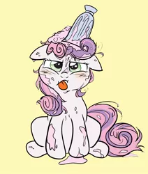 Size: 1100x1300 | Tagged: safe, artist:tijopi, derpibooru import, sweetie belle, pony, unicorn, one bad apple, blushing, cute, diasweetes, female, filly, frown, messy, milkshake, simple background, solo, sweetie belle is not amused, tongue out, unamused, yellow background