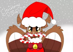 Size: 7016x4961 | Tagged: safe, artist:syncedsart, derpibooru import, oc, oc:autumn splash, hippogriff, absurd resolution, bust, candy, candy cane, christmas, christmas outfit, clip studio paint, cute, digital art, drawing, food, hat, hippogriff oc, holiday, male, santa hat, simple background, snow, snowfall, solo