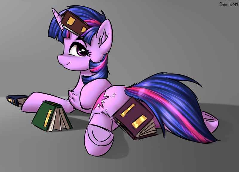 Size: 2500x1800 | Tagged: safe, artist:shido-tara, derpibooru import, twilight sparkle, pony, book, book on head, bookhorse, chest fluff, cute, female, leg fluff, lidded eyes, looking back, mare, profile, prone, solo, strategically covered, twiabetes