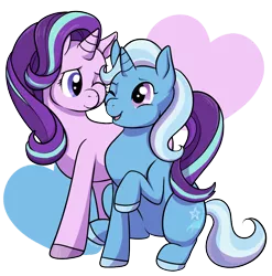 Size: 986x1000 | Tagged: safe, artist:housho, derpibooru import, starlight glimmer, trixie, pony, unicorn, cute, diatrixes, female, heart, heart background, lesbian, mare, nuzzling, one eye closed, shipping, simple background, startrix, transparent background
